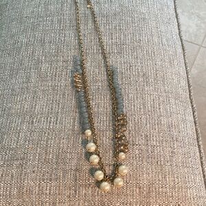 Long Large Pearl Necklace with Tear Drop Gold Glass and Aqua Round Beads